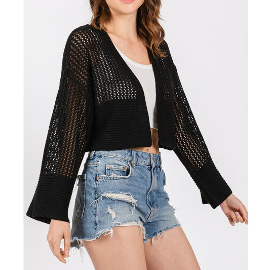 Anthropologie Juillet Flare Sleeve Cropped Cardigan Sweater Black One Size