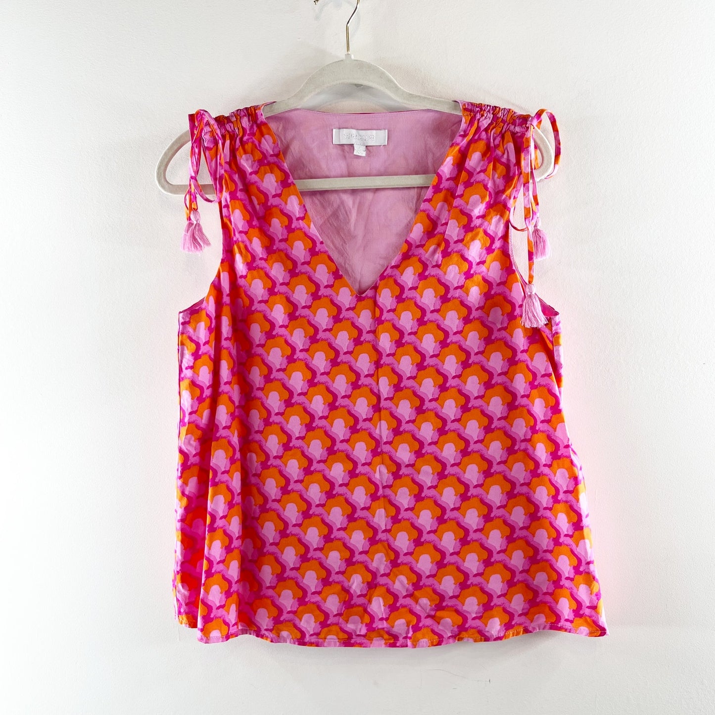 Sugarlips Sleeveless Printed Lined Tank Top with Tassel Ties Pink Small