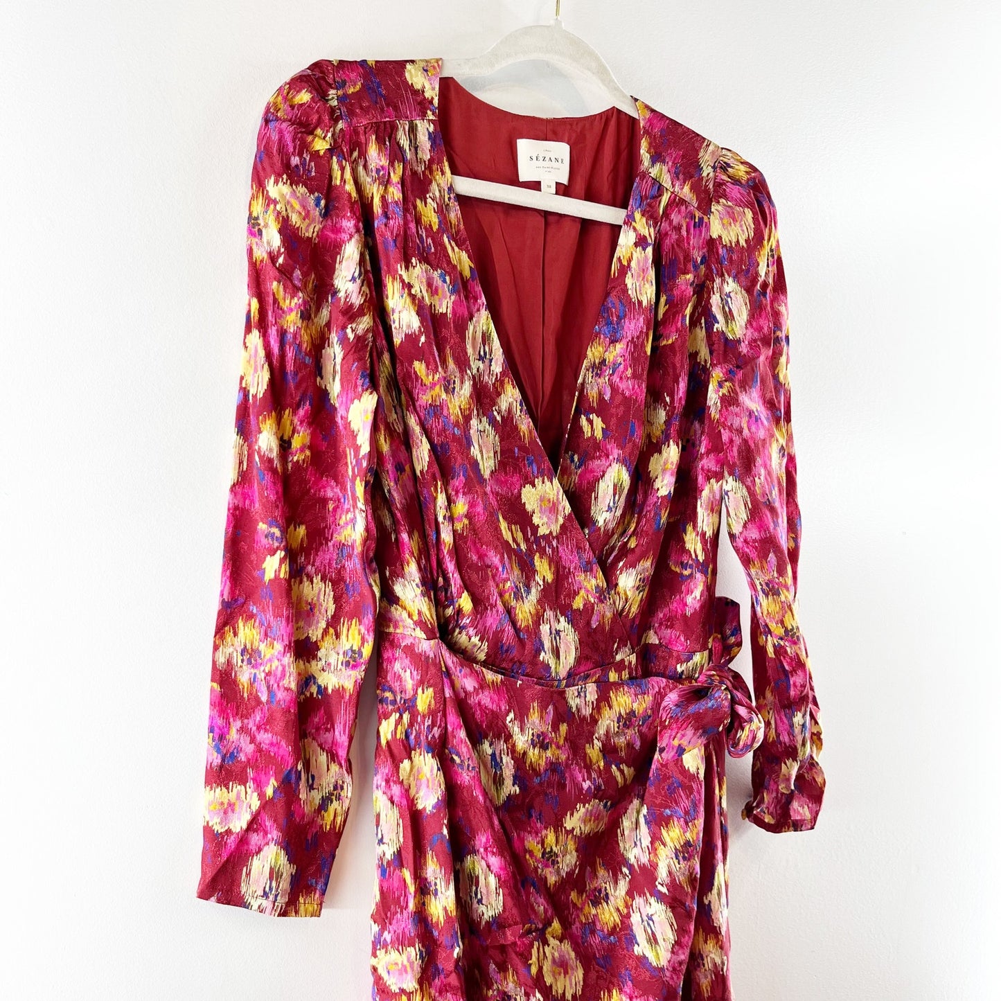Sezane Long Sleeve V Neck Floral Wrap Midi Dress Pink Red 38 / US 6