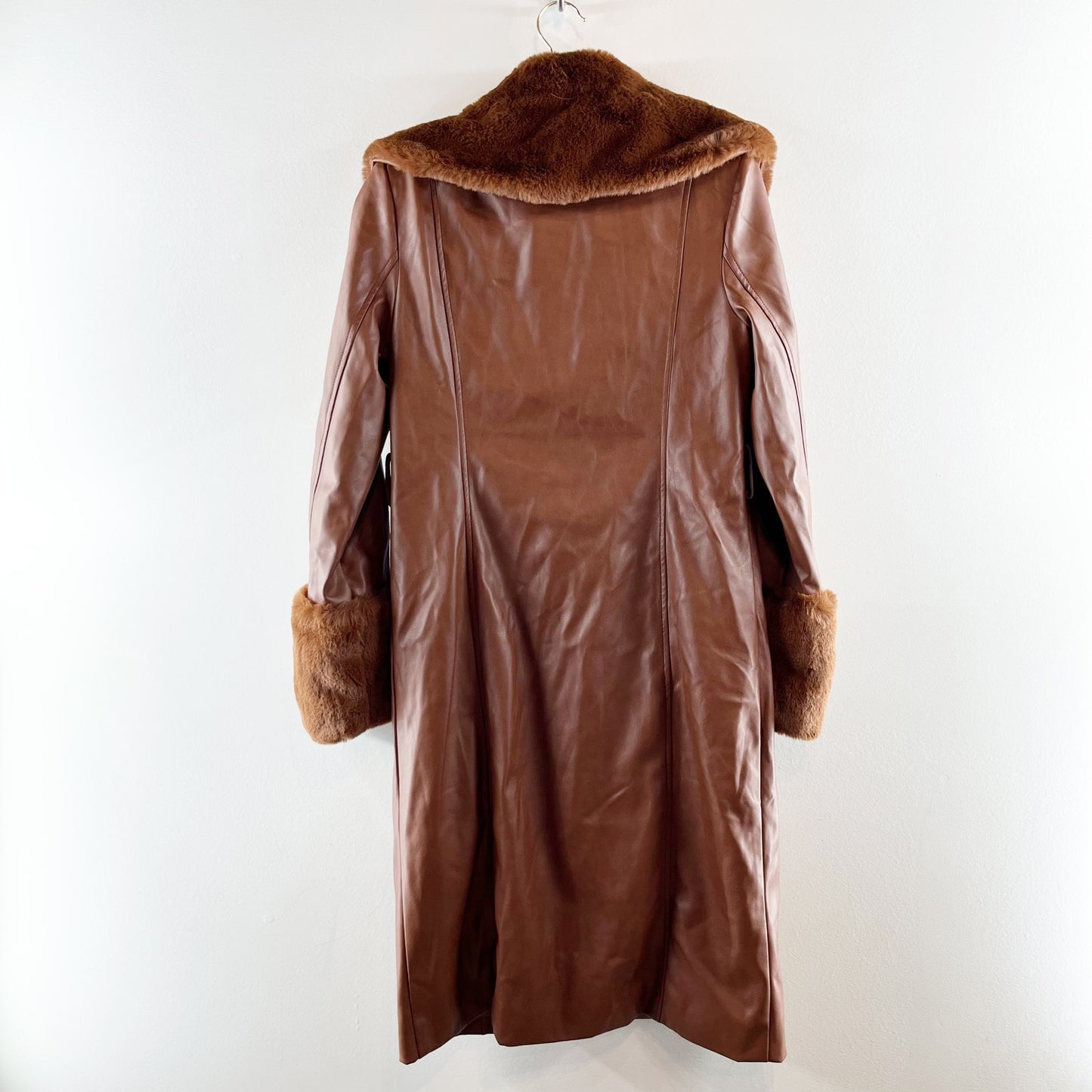 House of Harlow 1960 Faux Leather Trench Coat with Faux Fur Trim Brown Small