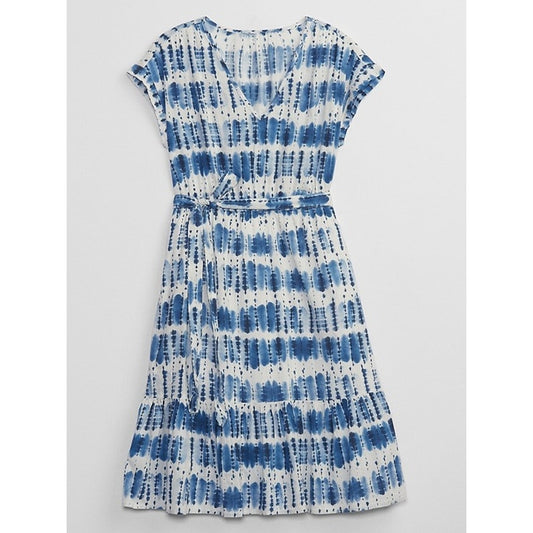 GAP V Neck Tie Dye Belted Tie Waist Short Sleeve Cotton Mini Dress Blue White M
