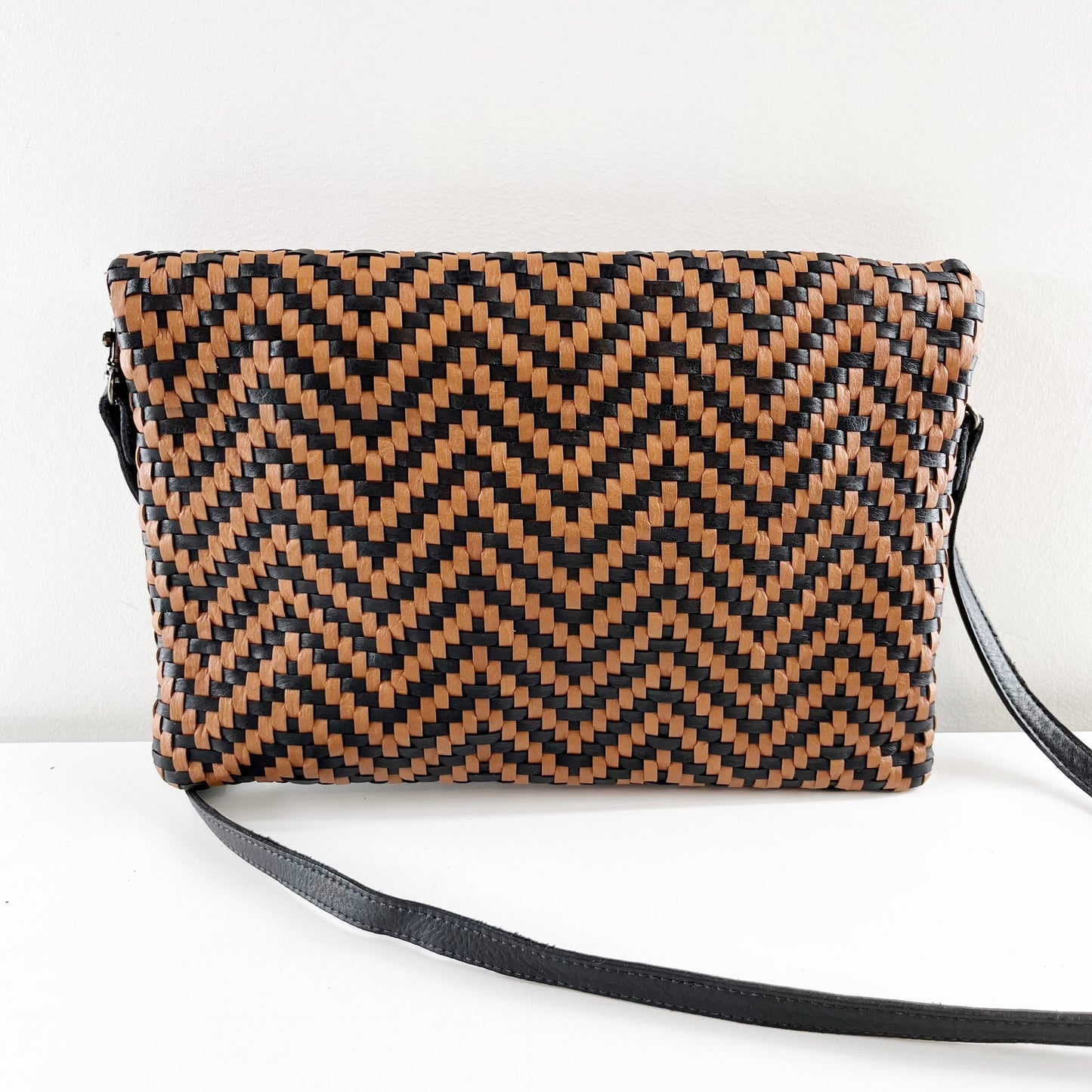 Eileen Fisher Chevron Crossbody Foldover Purse Bag Leather Brown Black