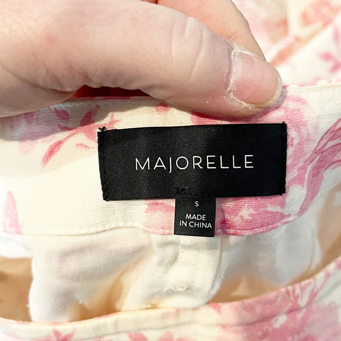 Majorelle Brexley High Rise Cropped Floral Linen Tie Hem Pants White Pink Small