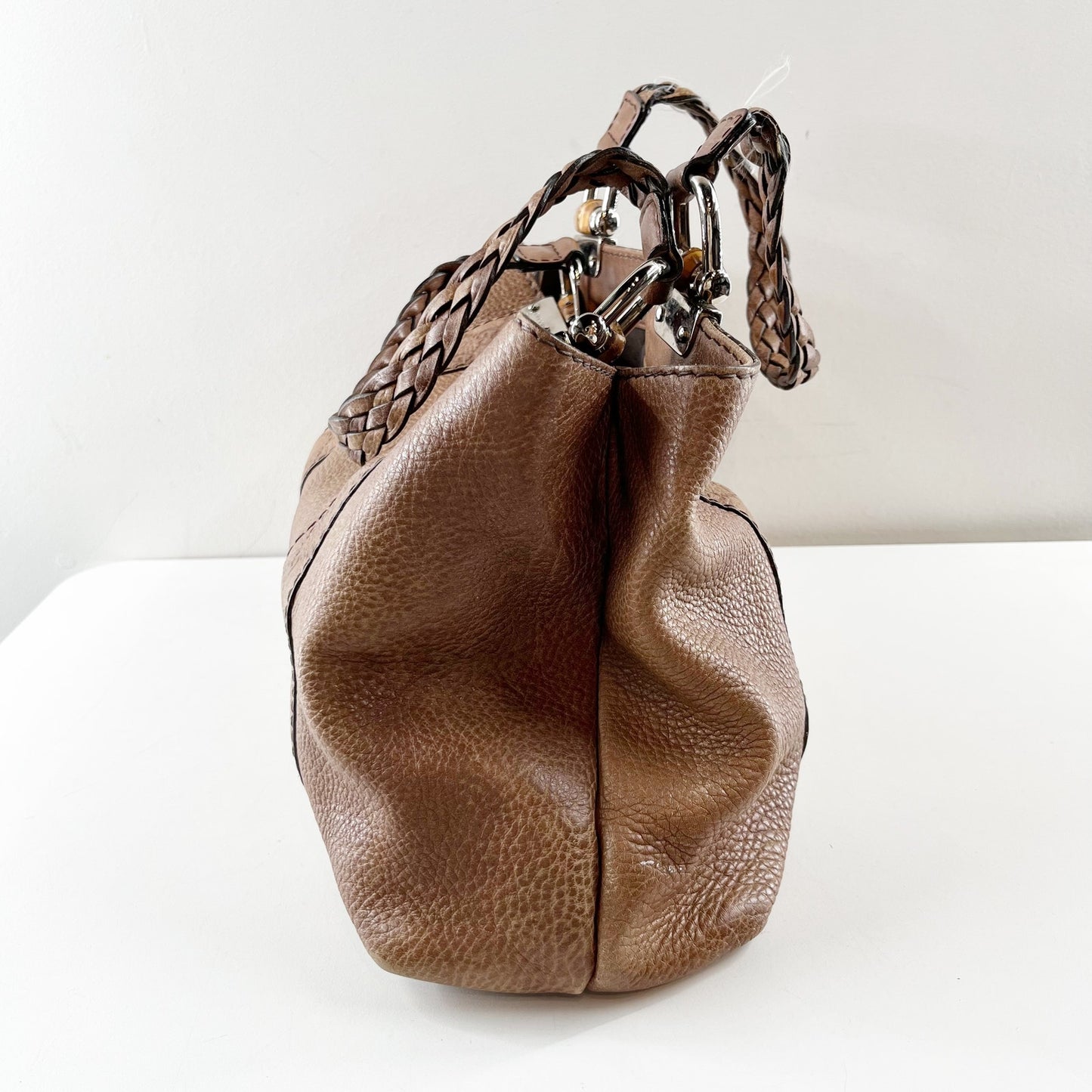 Gucci GG Vintage Signature Leather Bamboo Bar Woven Handles Tote Bag Purse Brown