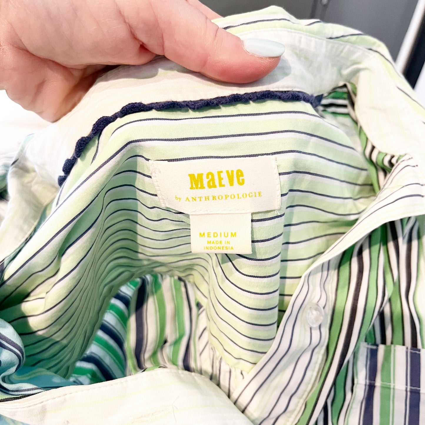 Maeve Anthropologie Alix Henley Striped Long Sleeve Button Up Top Green Medium