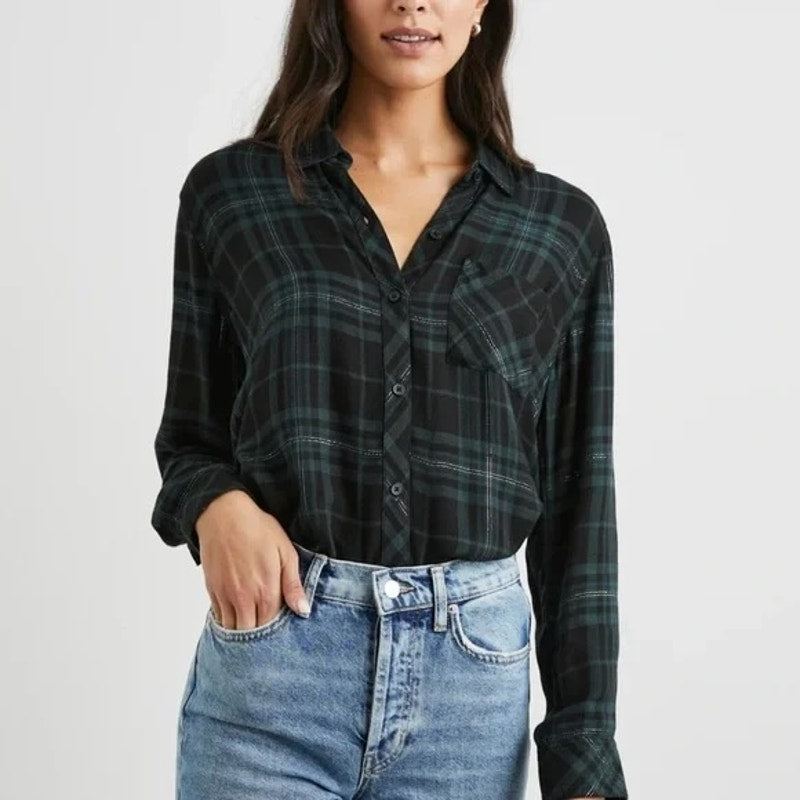 Rails Hunter Button Down Plaid Flannel Long Sleeve Forest Tinsel Slate Green XS