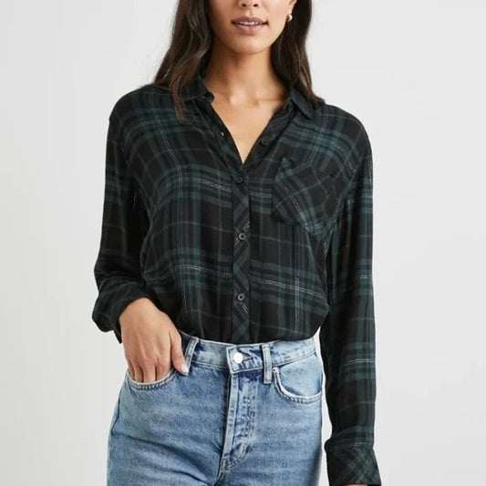 Rails Hunter Button Down Plaid Flannel Long Sleeve Forest Tinsel Slate Green XS