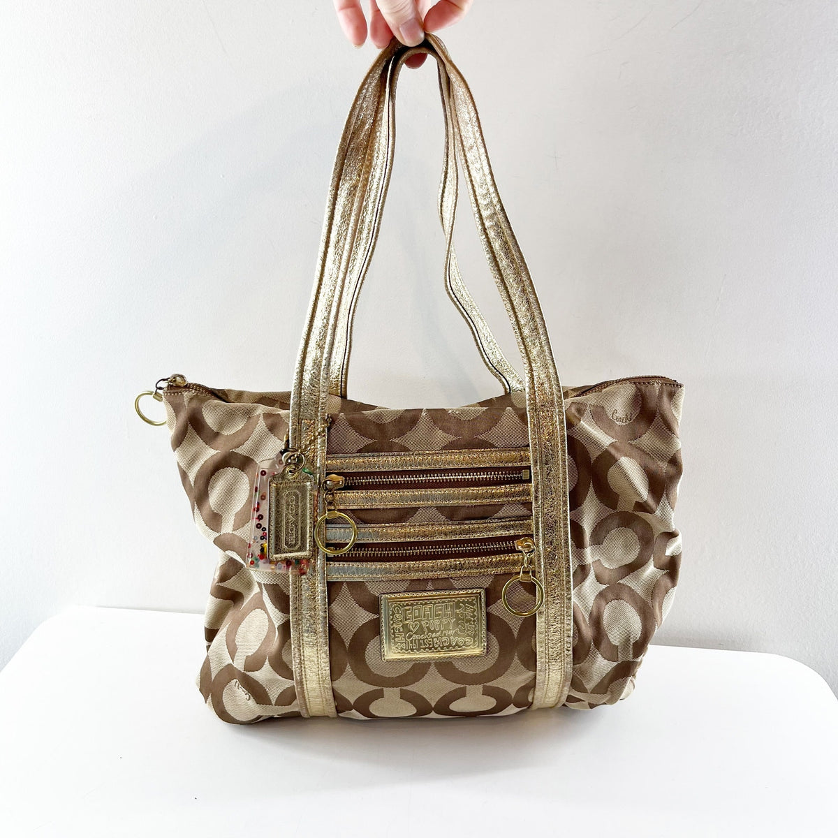 Coach Poppy Signature C Logo Shoulder Tote Bag Purse Brown Gold