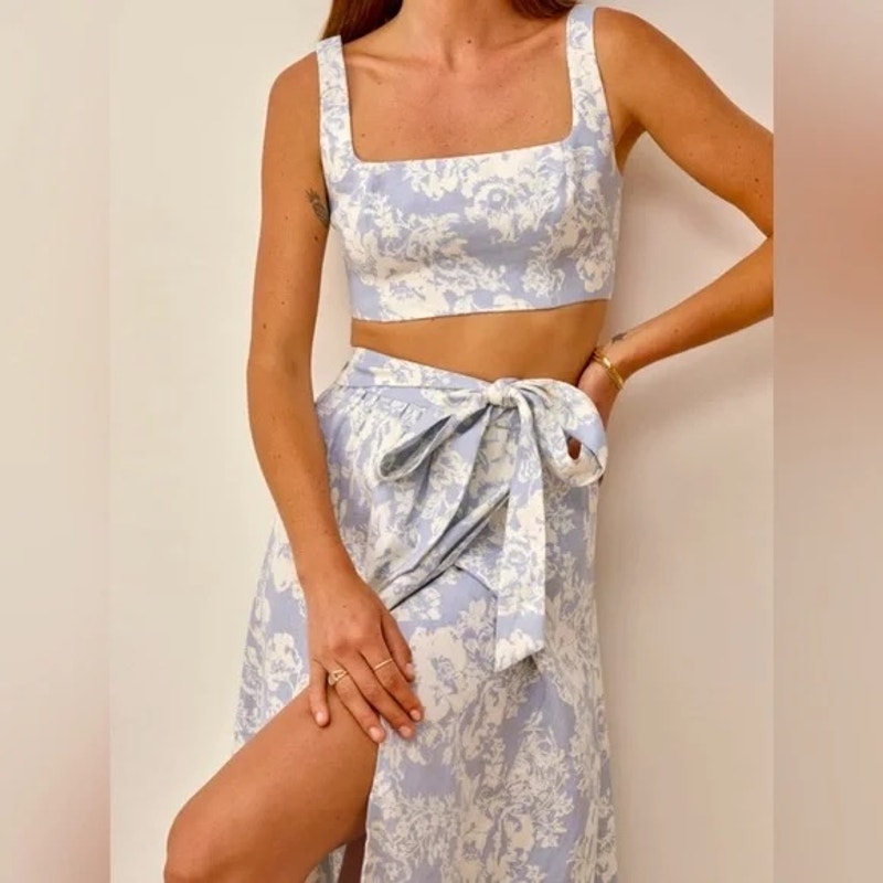 Reformation Palm Linen Crop Tank Top and Wrap Maxi Skirt Matching Set Blue 4
