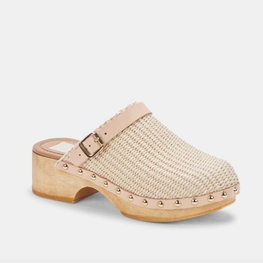 Dolce Vita Carlee Slip On Buckle Strap Closed Toe Raffia Clogs Natural Beige 39