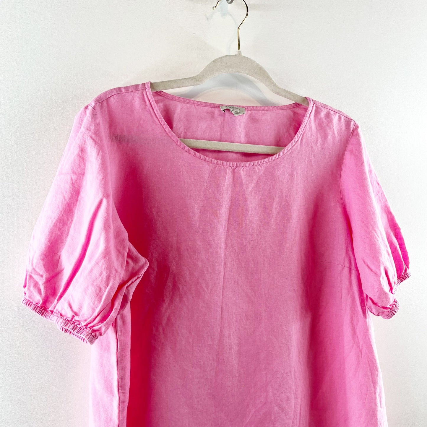 Talbots Linen Blend Short Puff Sleeve Side Slit Tee Shirt Blouse Top Pink Medium