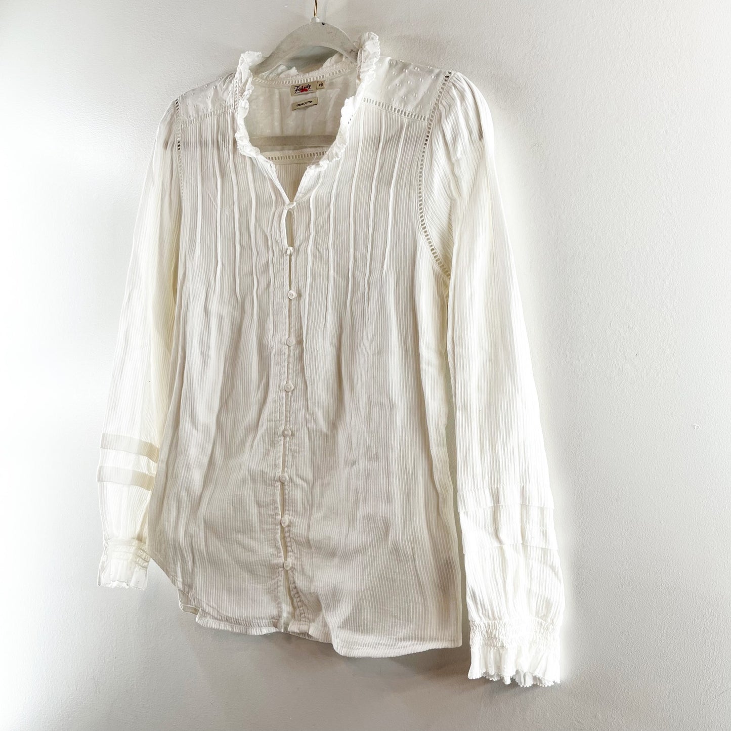 Faherty Willa Pintucked Long Sleeve Organic Cotton Blouse White Medium