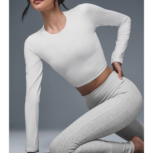 Alo Alosoft Crop Finesse Long Sleeve Fitted T-Shirt Top White Small