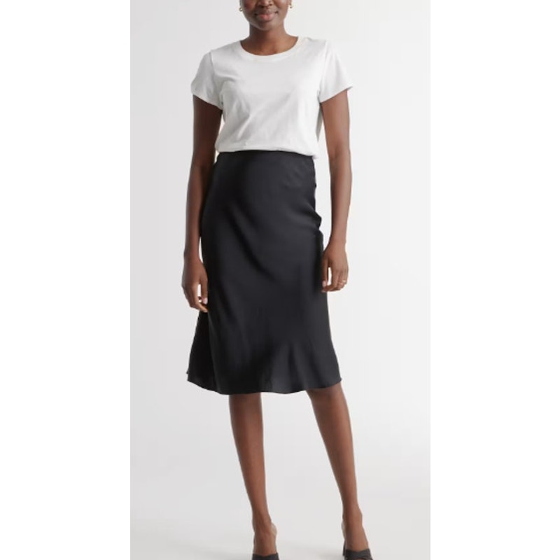 Quince 100% Washable Silk Slip Satin High Waisted Midi Skirt Black Medium