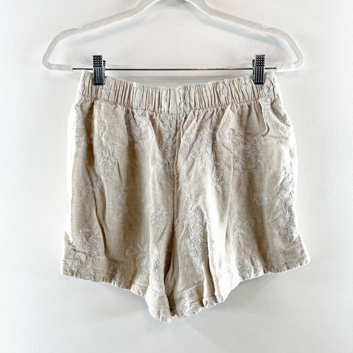 Abercrombie & Fitch Linen Blend Elastic Waist Floral Shorts Tan Medium