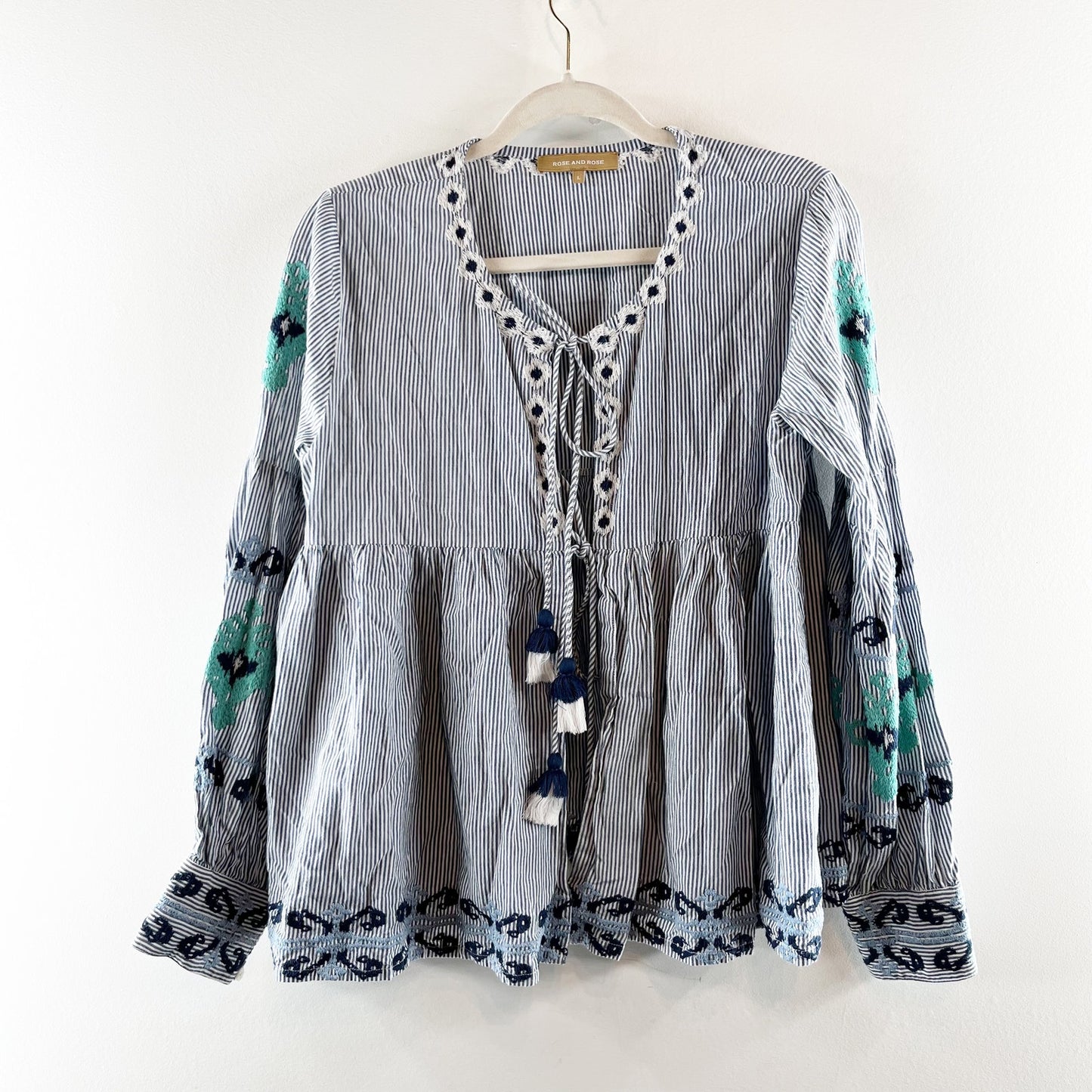 Rose & Rose Long Sleeve Embroidered Double Tie Front Blouse Top Blue Large