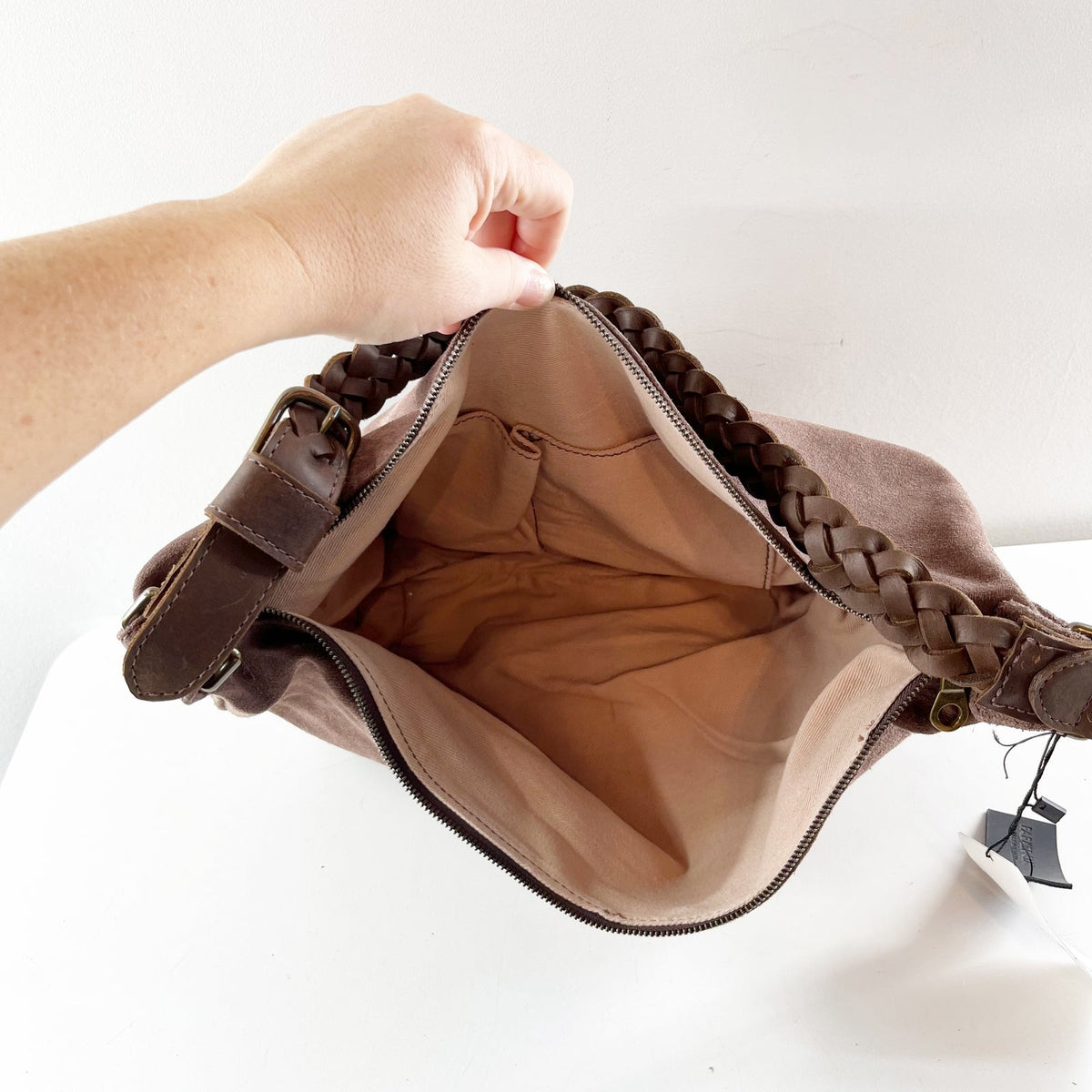 Parker Clay Slouchy Crescent-Shaped Brown Suede Hobo Shoulder Handbag