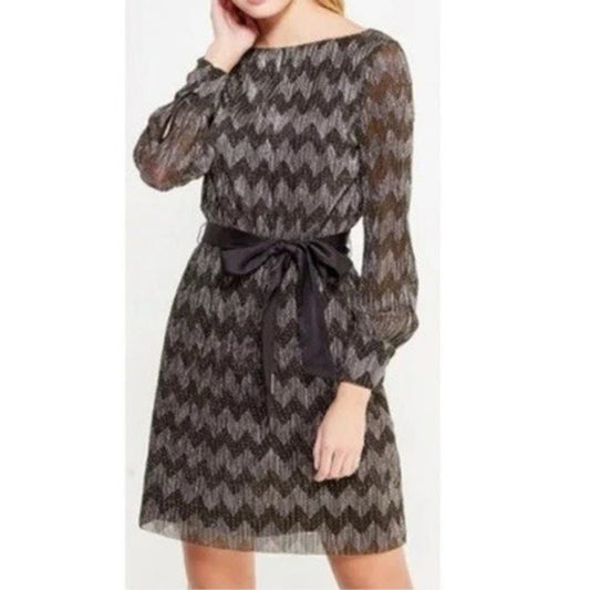 Banana Republic Chevron Belted Bow Mini Shift Dress Metallic Gold Black 4