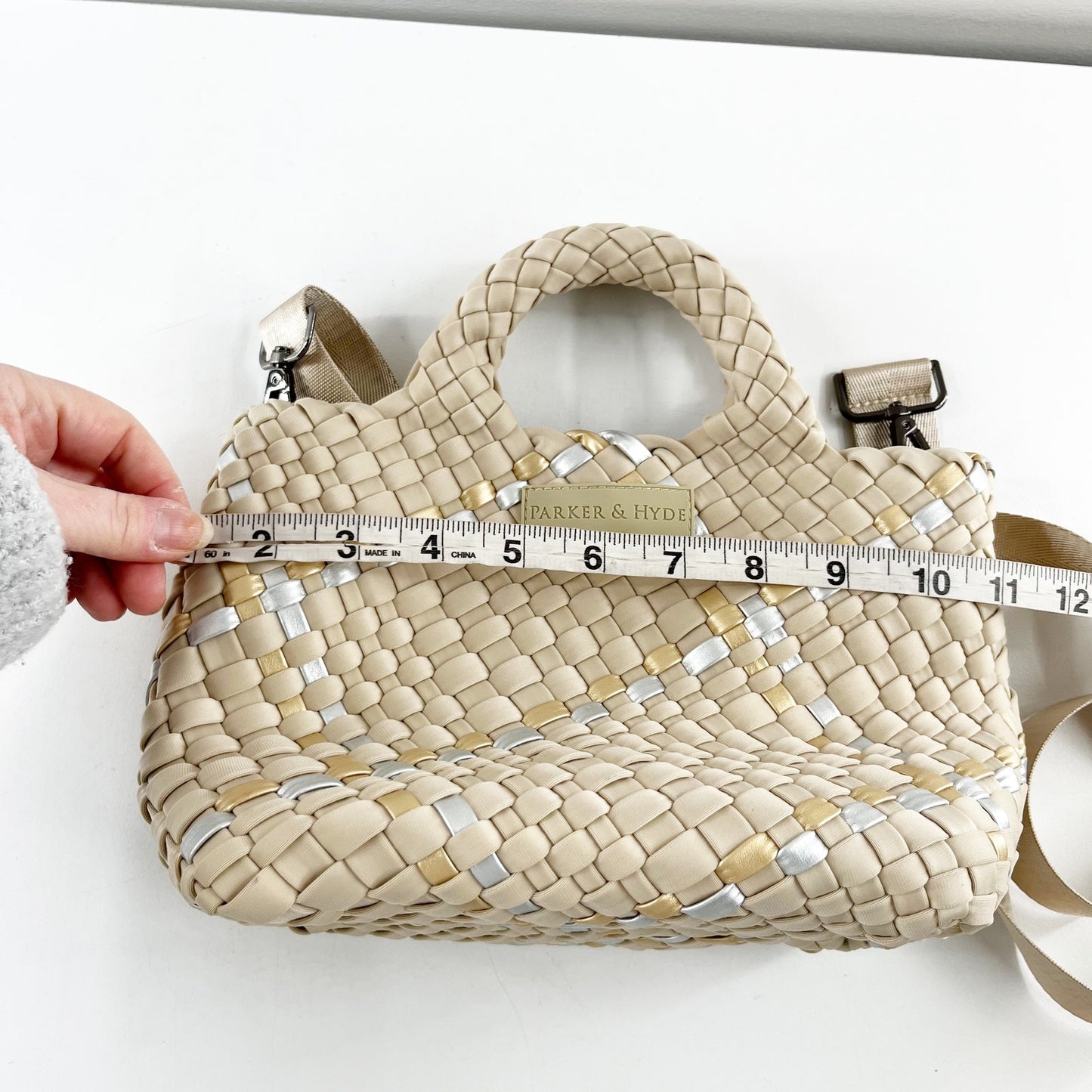 Parker & Hyde Mini Woven Tote Bag Purse with Crossbody Strap Beige Gold Metallic