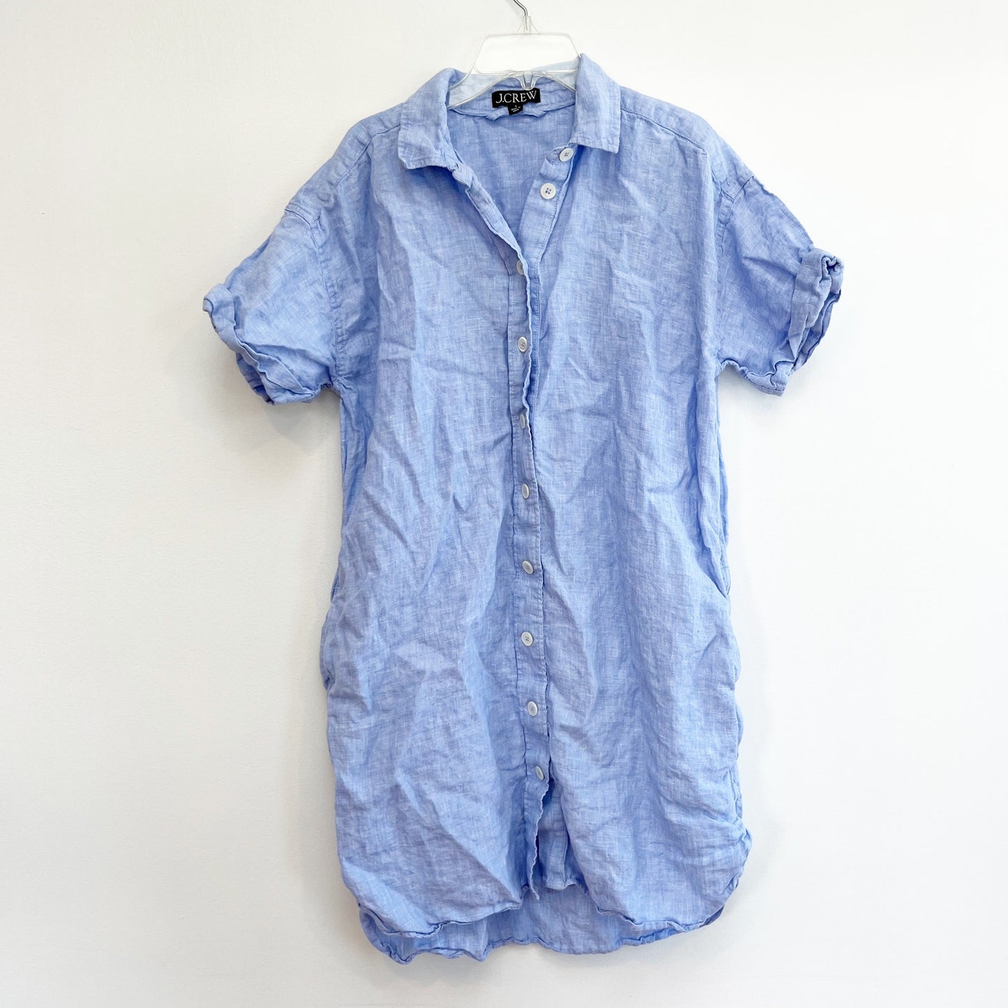 J. Crew Capitaine Linen Short Sleeve Mini Shirt Dress Blue Small