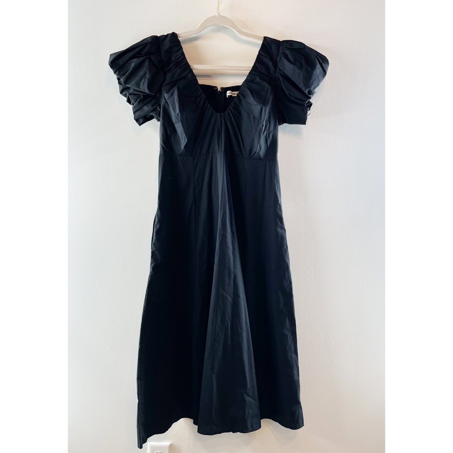 Abercrombie Short Puff Sleeve Plunge Scoop Neck Poplin Midi Dress Black Medium P