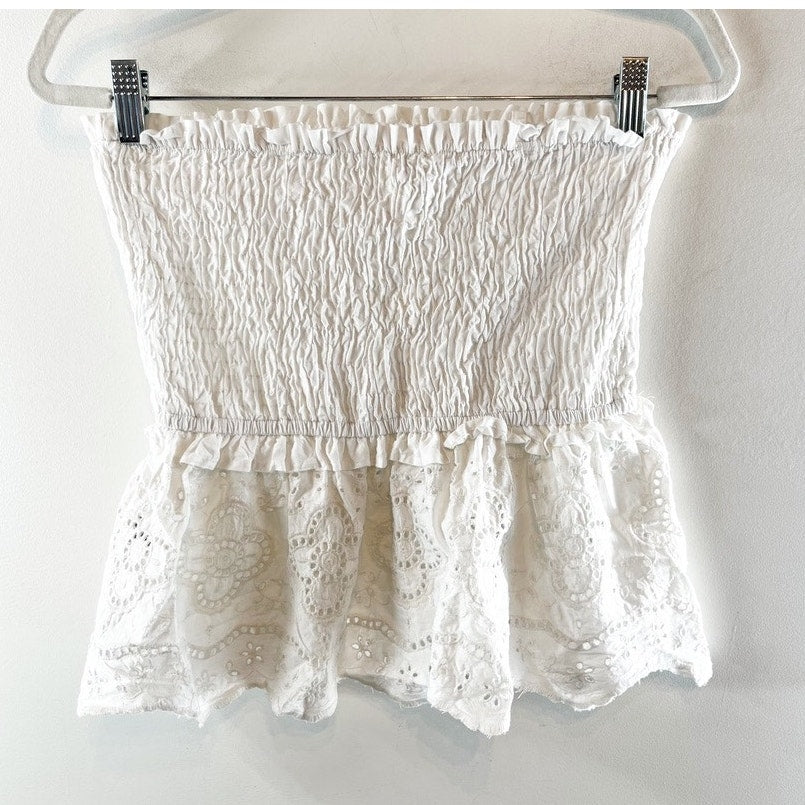 Sim + Sam Smocked Strapless Tube Eyelet Hem Peplum Tank Top White Small