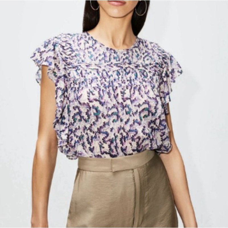 Isabel Marant Étoile Ilayona Flutter Sleeve Blouse Top White Purple EU 36