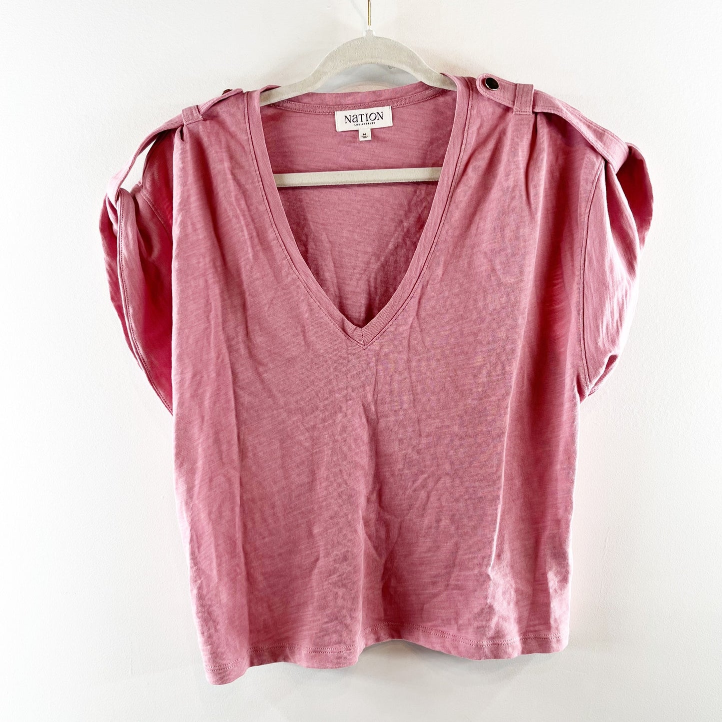Nation LTD Cooper V Neck Pima Cotton Peated Shoulder Tee Shirt Pink Medium
