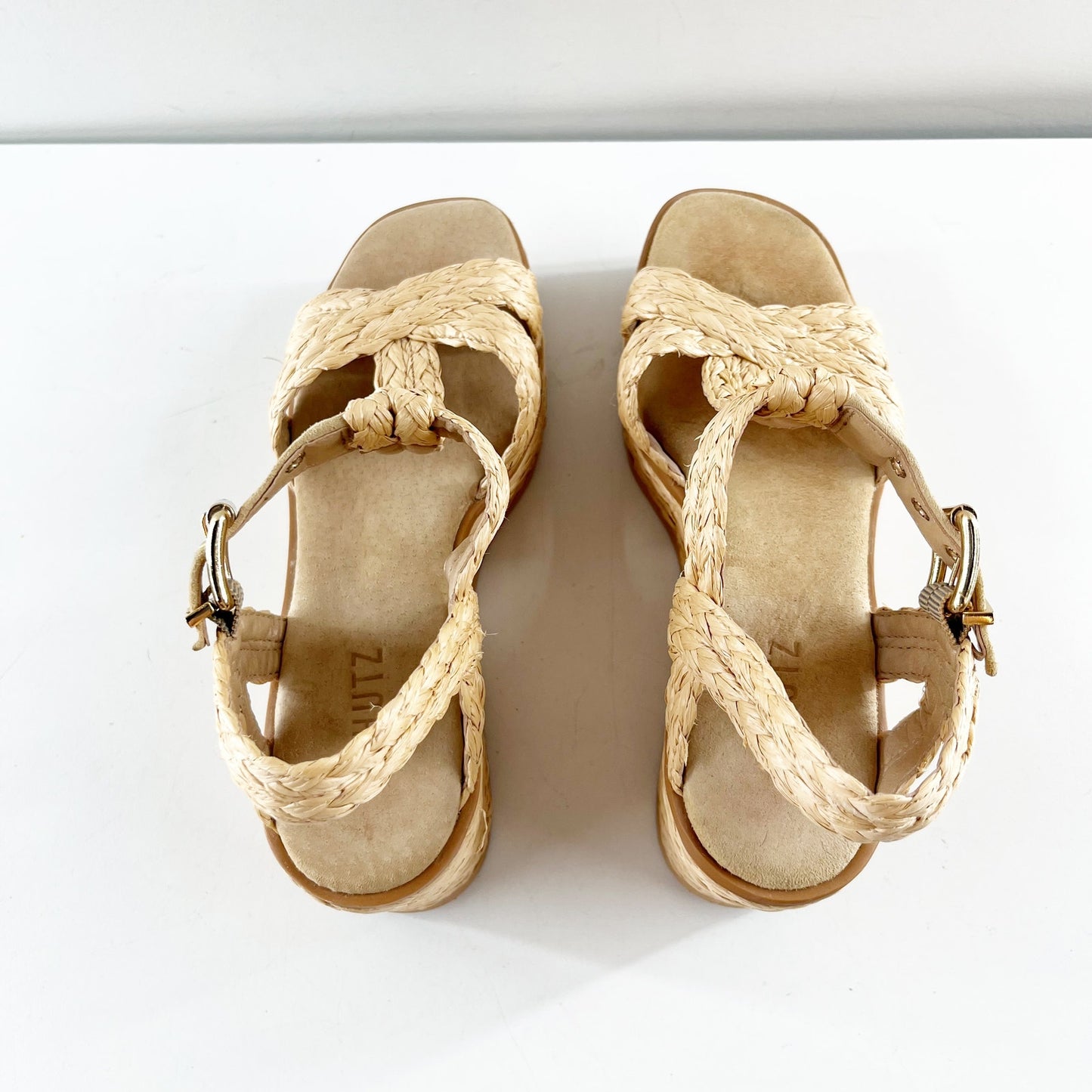 Schutz Panna Braided T Strap Wedge Platform Raffia Shoes Sandals Tan 7.5