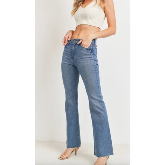 Just Black Denim Mid Rise Fall Flare Raw Hem Jeans Medium Wash Blue 27