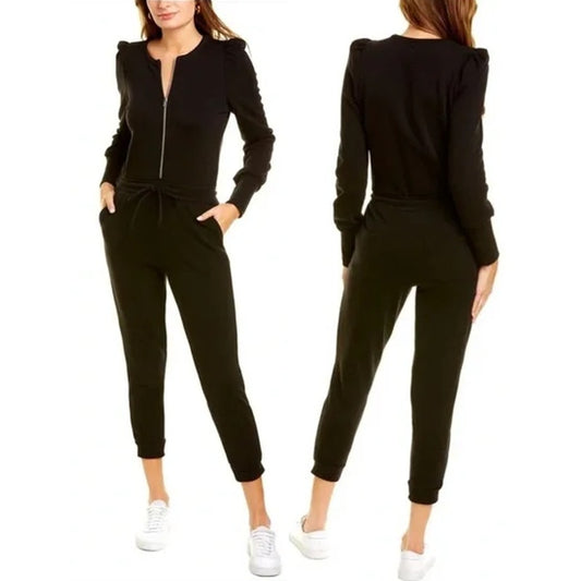 Chaser French Terry Puffed Sleeve Zip Front Drawstring Jogger Jumpsuit Black M