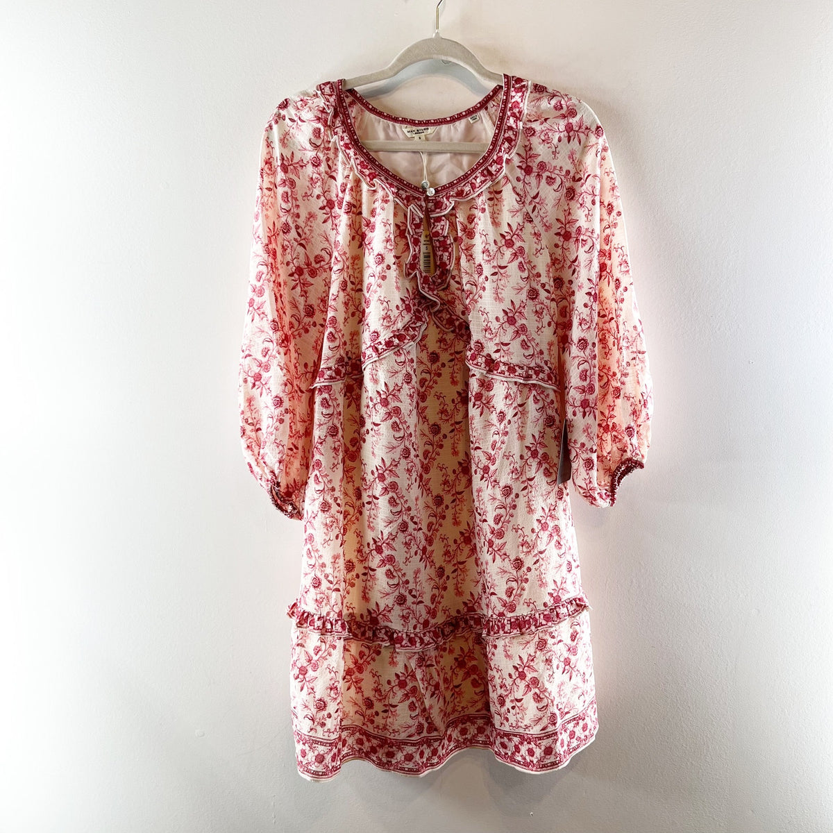 Max Studio Keyhole Long Sleeve Floral Tiered Mini Dress Pink White Small