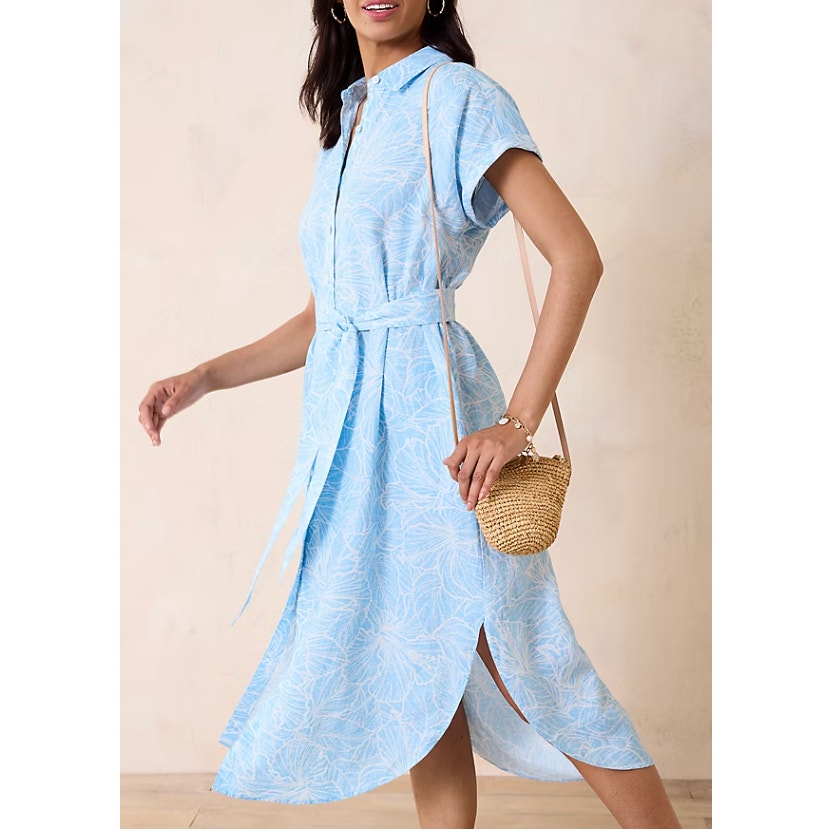 Tommy Bahama Coastalina Hightide Hibiscus Linen Midi Shirt Dress Blue Small