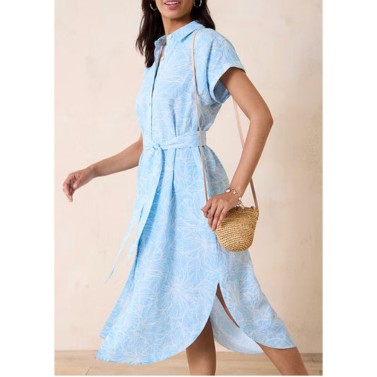Tommy Bahama Coastalina Hightide Hibiscus Linen Midi Shirt Dress Blue Small
