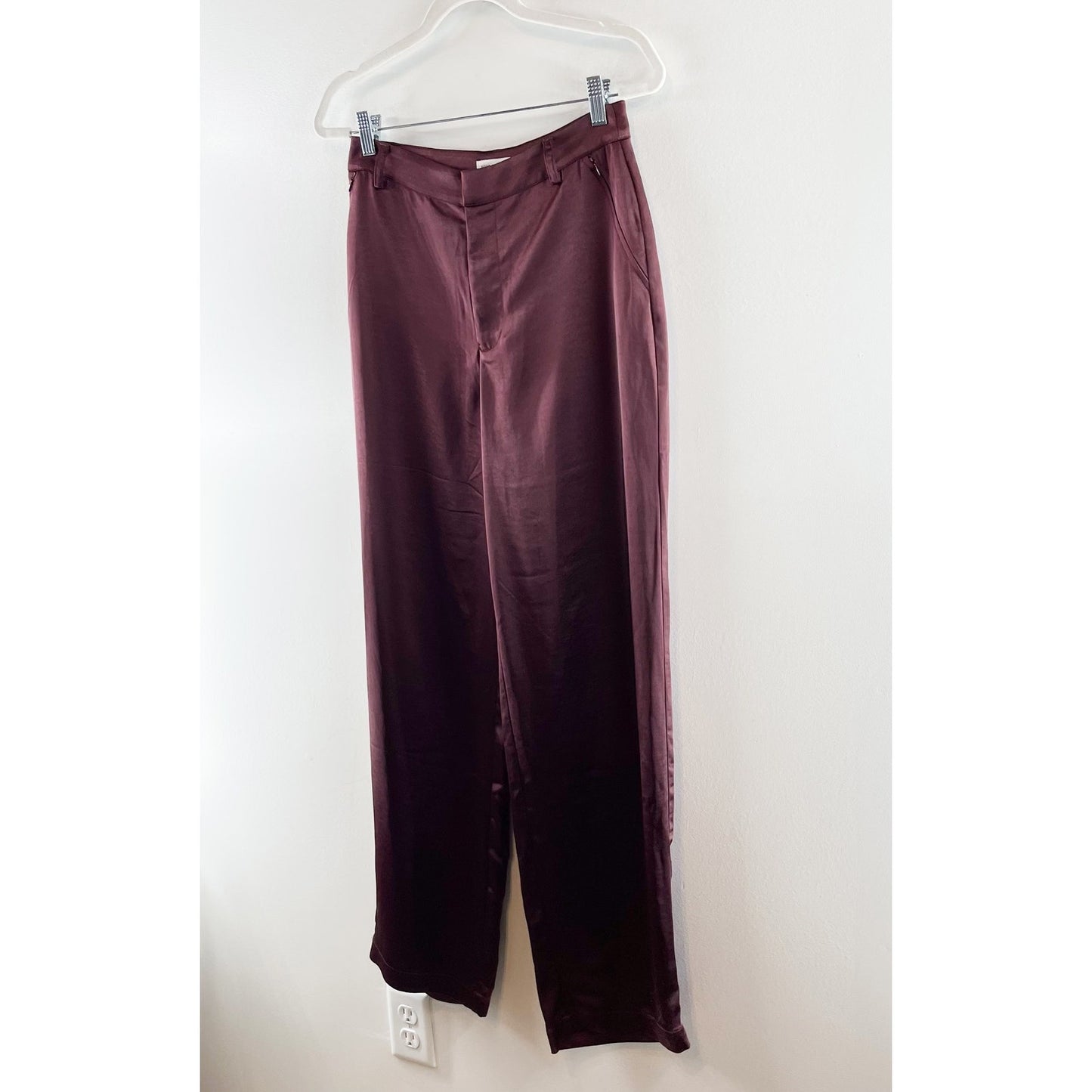 Good American High Rise Wide Leg Washed Satin Pants Malbec Burgundy Red 4