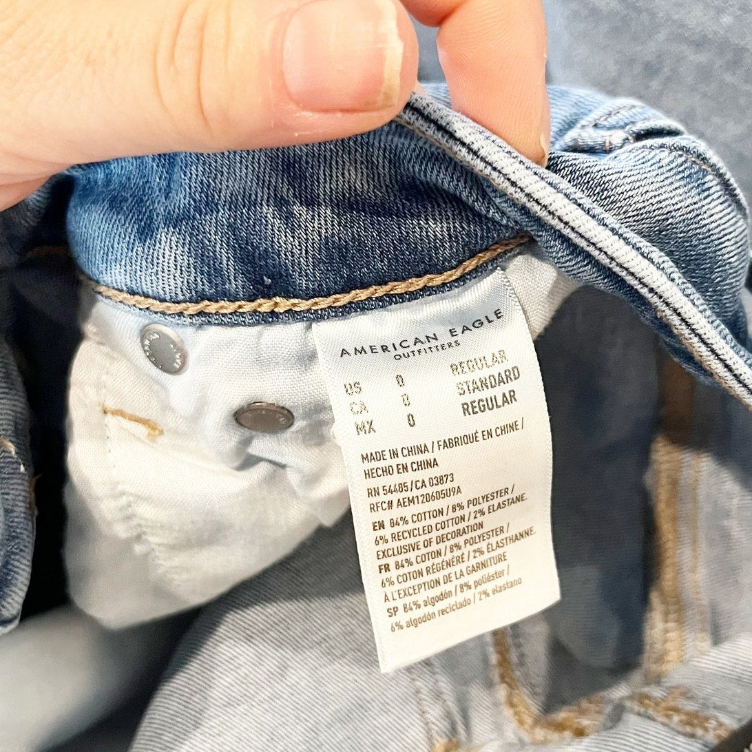 American Eagle Mid Rise Festival Flare Raw Hem Jeans Blue 0