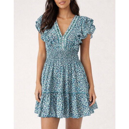 Poupette St. Barth Camila Printed V Neck Short Sleeve Mini Dress Green Medium