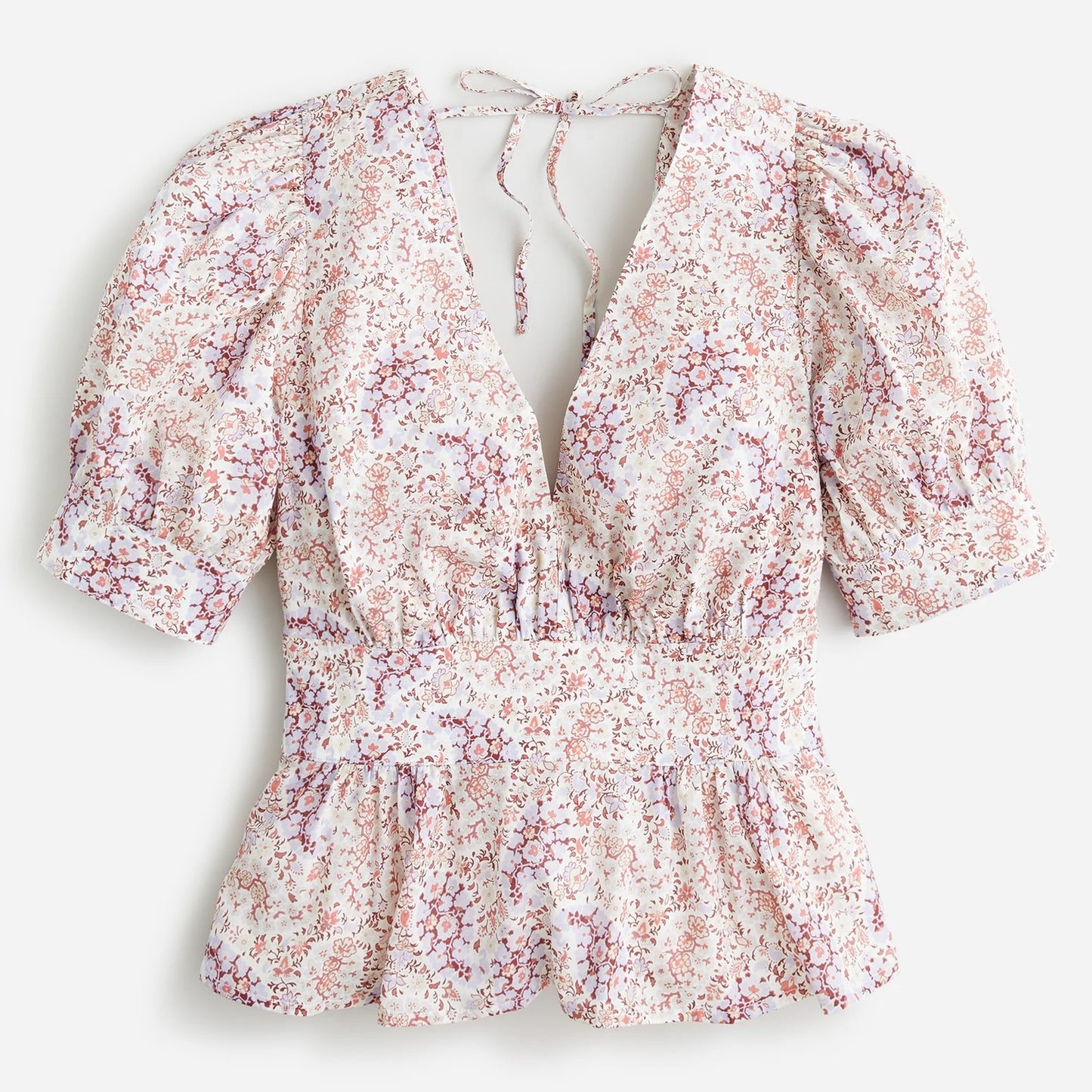 J. Crew Puff Short Sleeve V Neck Top Blouse in Ratti Paisley Garden White Purple