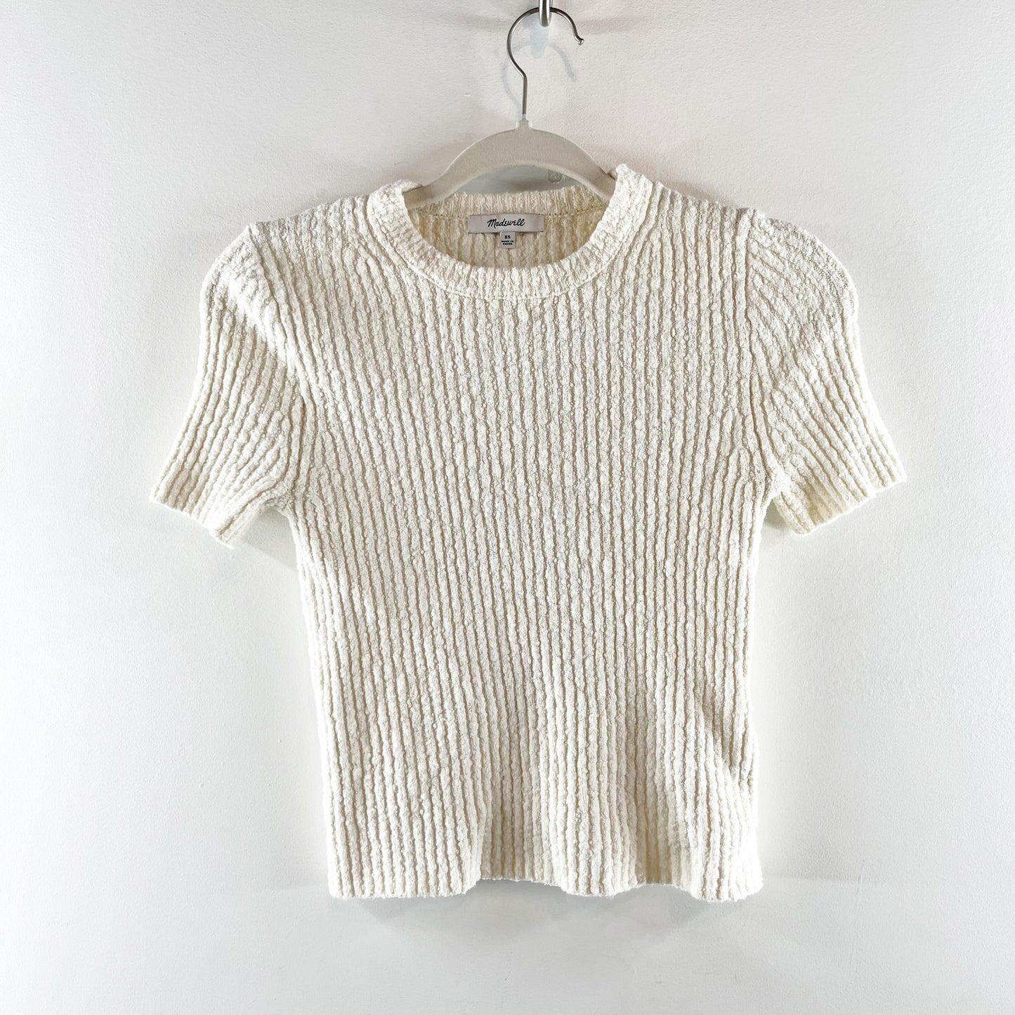 Madewell Boucle Knit Crewneck Ribbed Sweater Tee Shirt Top Cream Ivory XS