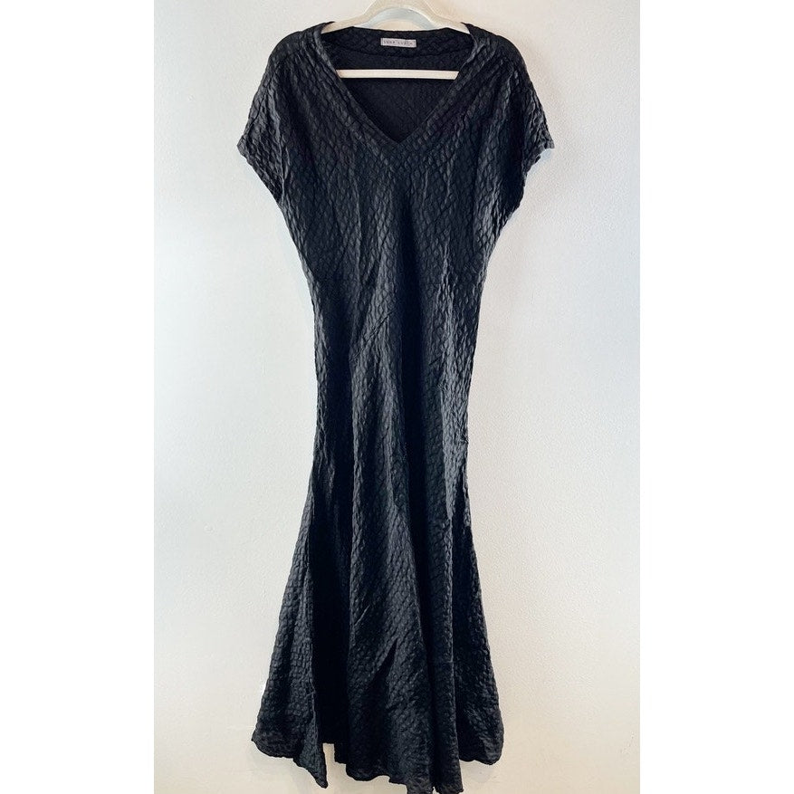 Luna Luz Short Sleeve Textured V Neck Linen Blend Midi Dress Black XL