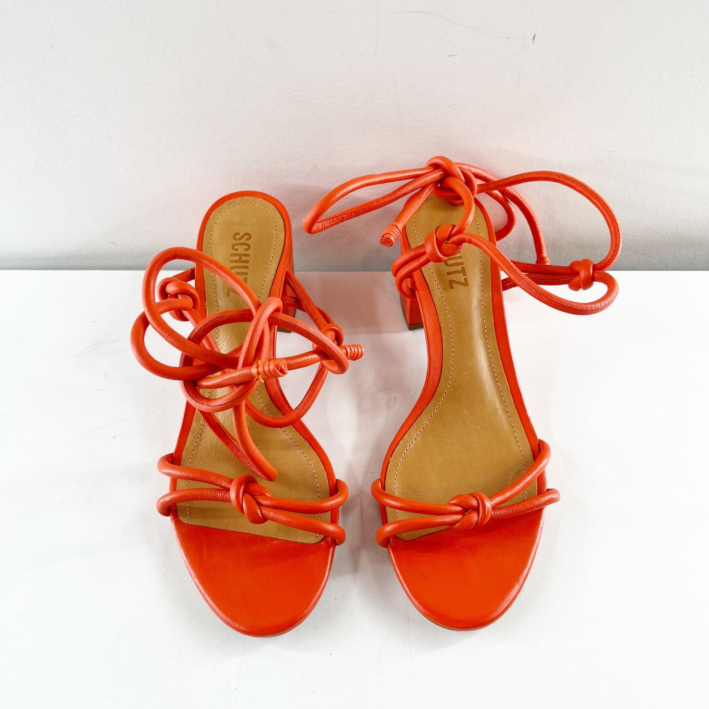 Schutz Nicky Mid Block Heel Ankle Wrap Leather Shoes Sandals Flame Orange 7.5