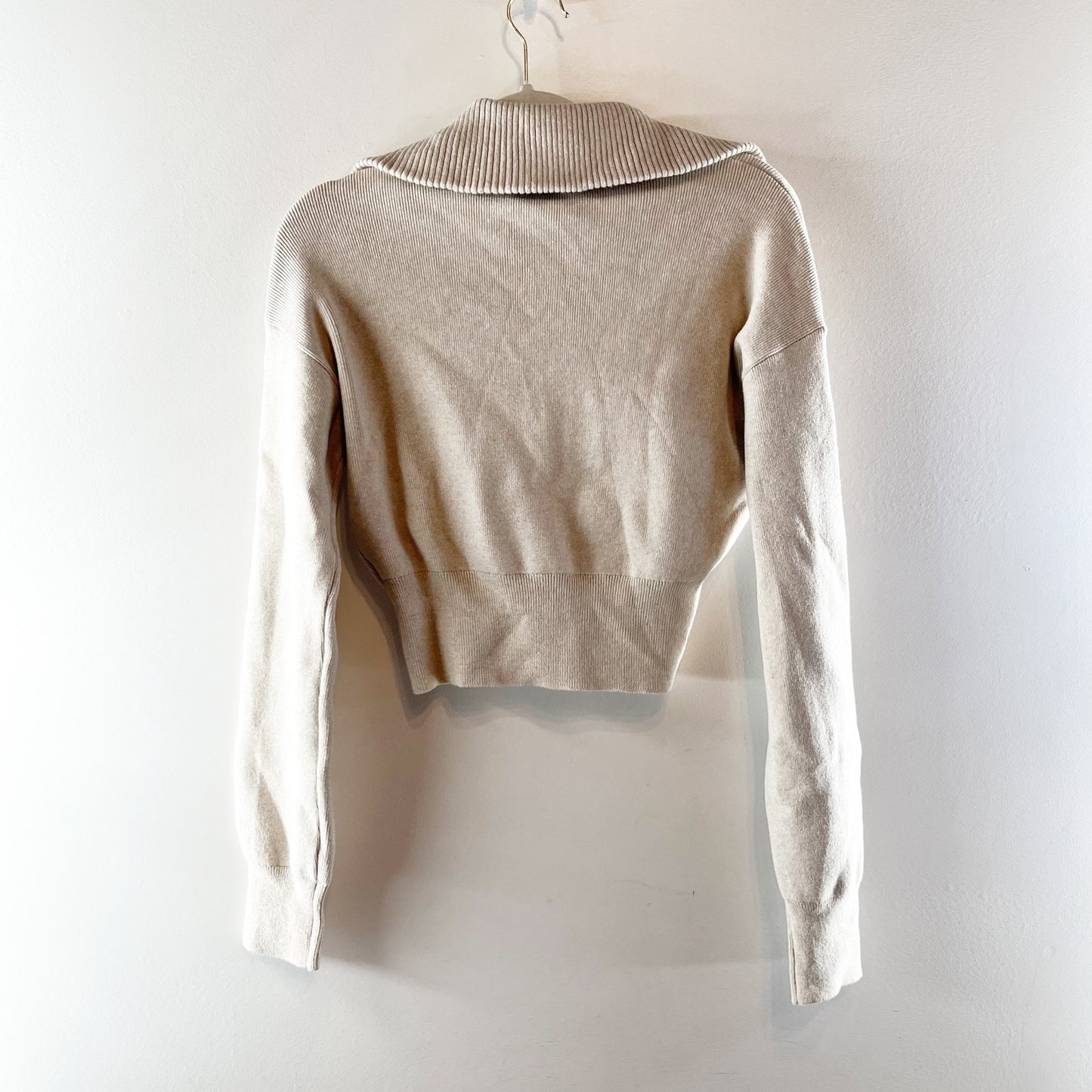 Alo Scholar Knit Cropped Full Zip Jacket Sweater Oatmeal Heather Tan XS
