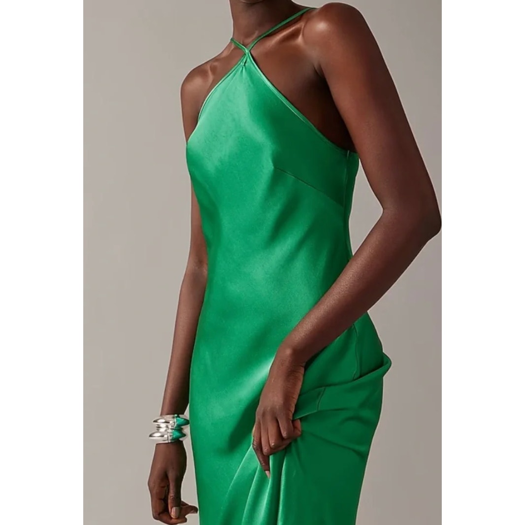J. Crew Collection Luster Crepe Sleeveless Halter Neck Maxi Slip Dress Green L