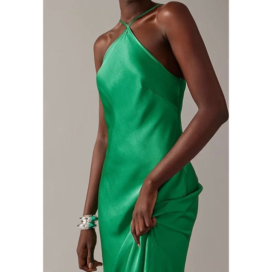 J. Crew Collection Luster Crepe Sleeveless Halter Neck Maxi Slip Dress Green L
