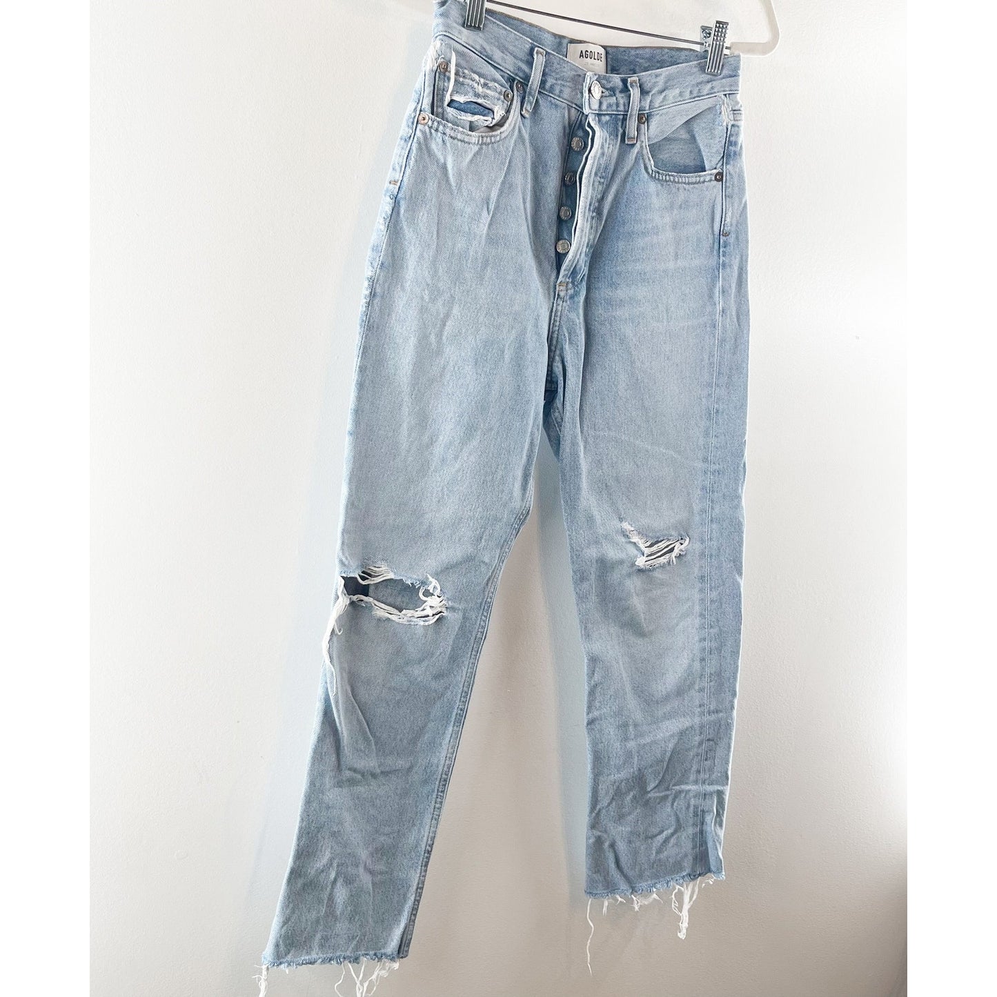 Agolde Captured 90's High Waisted Distressed Frayed Denim Straight Jeans Blue 23