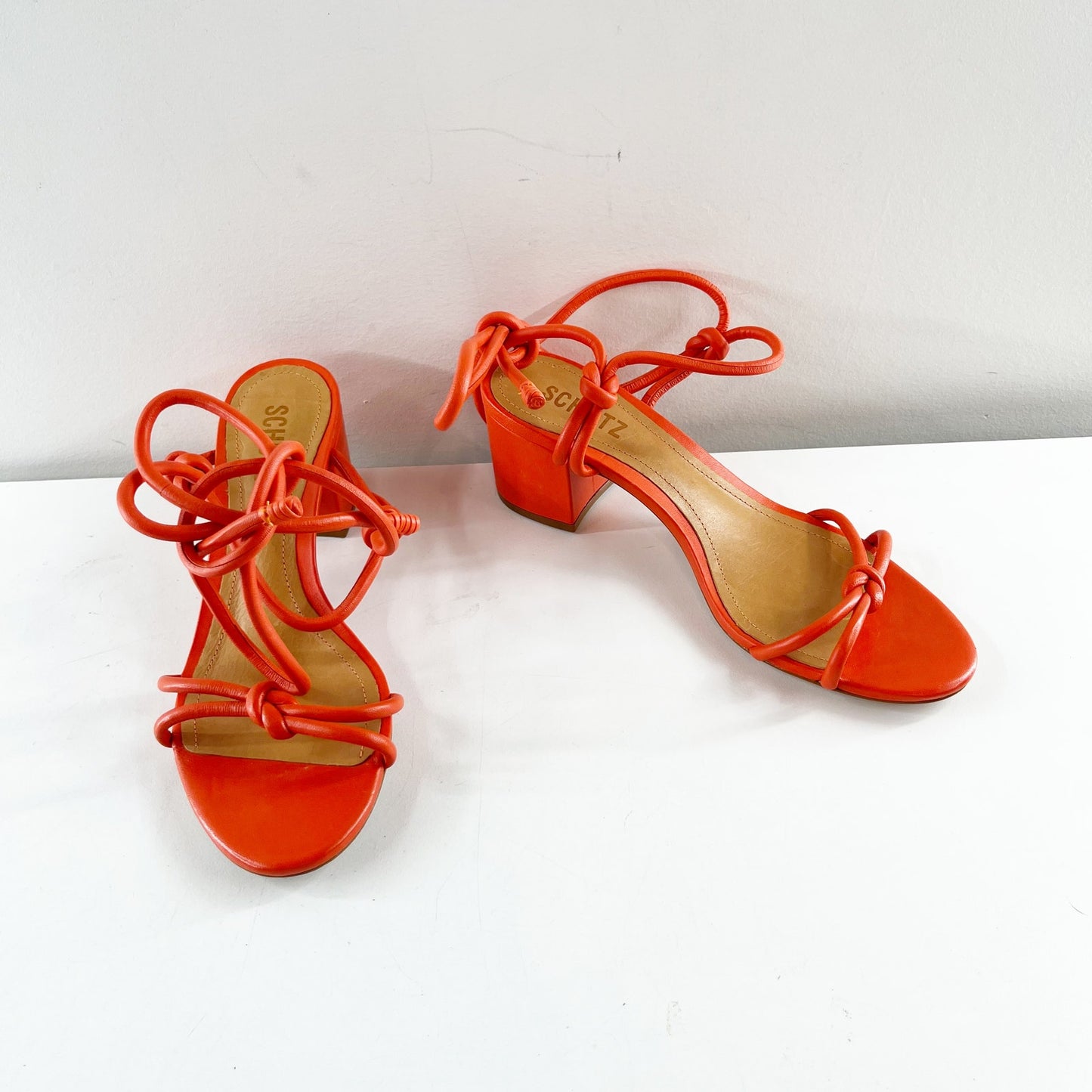 Schutz Nicky Mid Block Heel Ankle Wrap Leather Shoes Sandals Flame Orange 7.5
