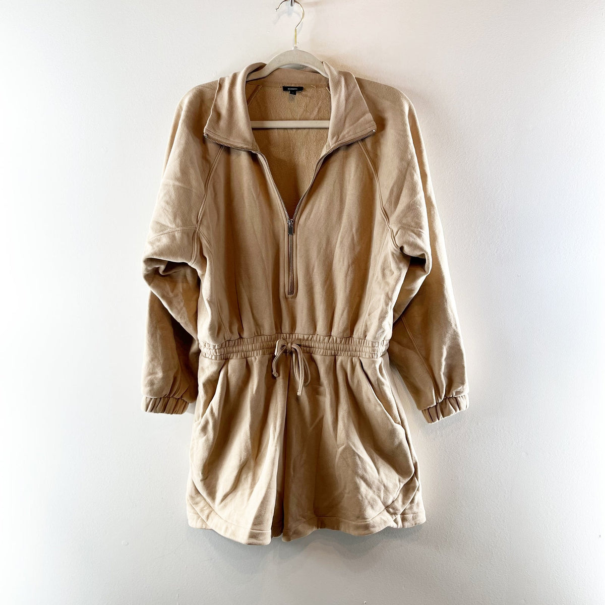 Express Tan Half-Zip Sweatshirt Romper One Piece Medium