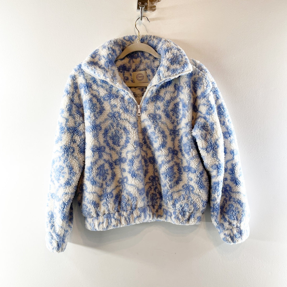 Stoosh Long Sleeve Sherpa Fleece Quarter Zip Pullover Jacket Blue White Small
