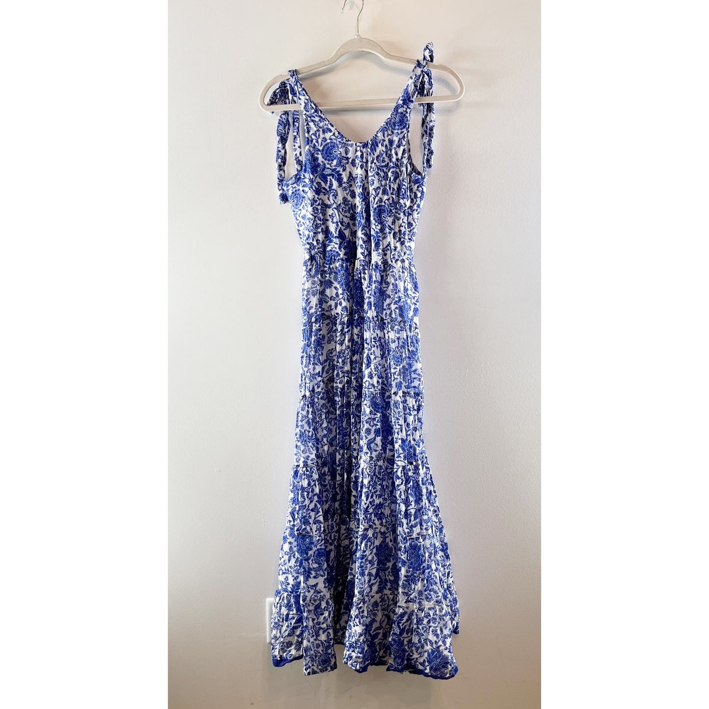 Free People Kikas Tie Shoulder V Neck Flowy Cotton Maxi Dress Blue Small