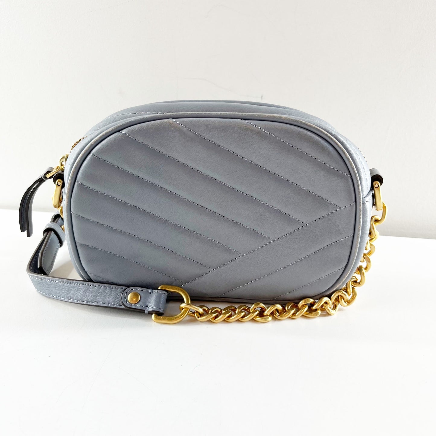 Tory Burch Kira Chevron Leather Small Crossbody Bag Purse Cloud Blue